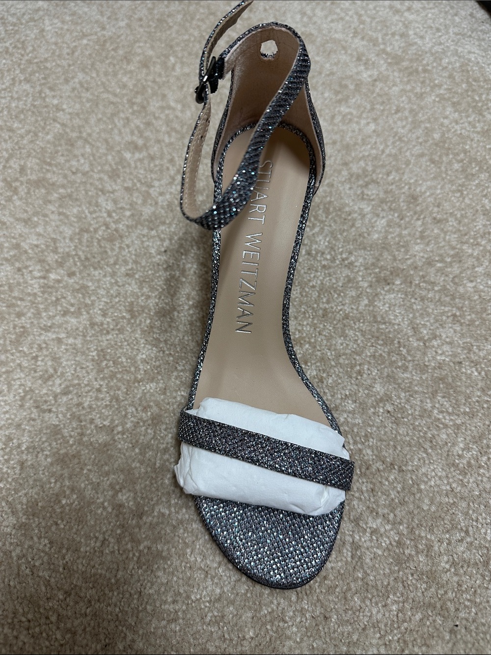 Stuart Weitzman Glitter Open-Toe Ankle-Strap Sandal in Silver